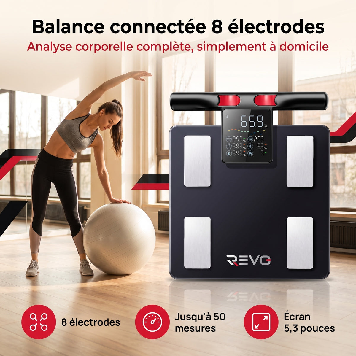 Balance Connectée REVO Physia 50 – Impédancemètre 8 Électrodes, 50 Mesures Corporelles & Analyse Segmentaire