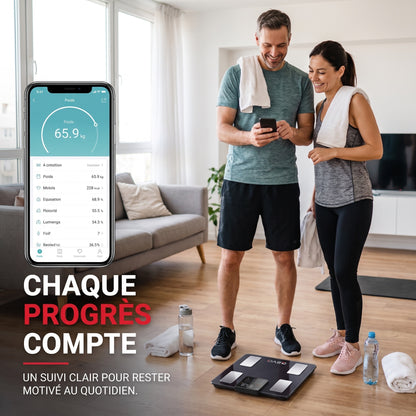 Balance Connectée REVO Physia 50 – Impédancemètre 8 Électrodes, 50 Mesures Corporelles & Analyse Segmentaire
