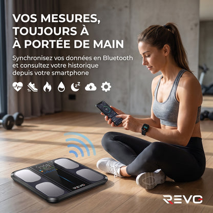 Balance Impédancemètre Connectée REVO Syntra 8 – 8 Électrodes, Analyse Corporelle 50+ Indicateurs & Bluetooth
