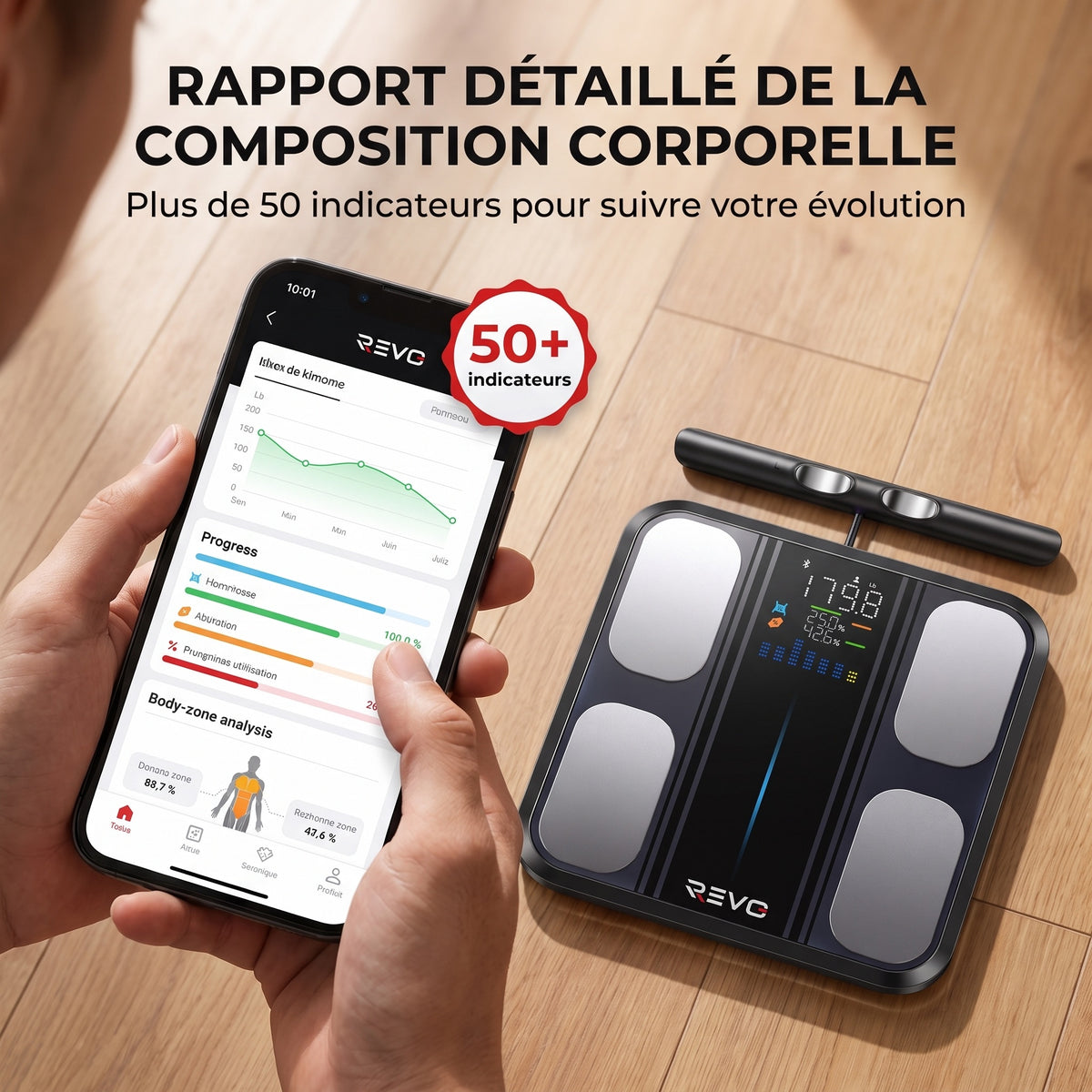 Balance Impédancemètre Connectée REVO Syntra 8 – 8 Électrodes, Analyse Corporelle 50+ Indicateurs & Bluetooth