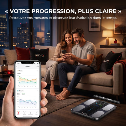 Balance Impédancemètre Connectée REVO Syntra 8 – 8 Électrodes, Analyse Corporelle 50+ Indicateurs & Bluetooth
