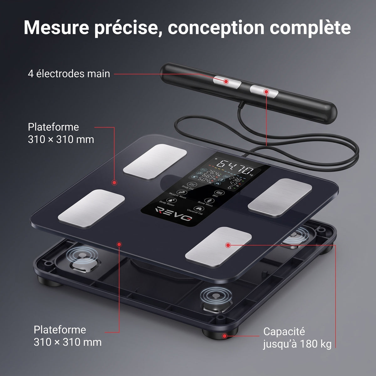 Balance Impédancemètre Connectée REVO Vitalis 50 – 8 Électrodes, 50 Mesures Corporelles & Capacité 180 kg