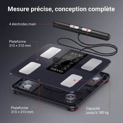 Balance Impédancemètre Connectée REVO Vitalis 50 – 8 Électrodes, 50 Mesures Corporelles & Capacité 180 kg