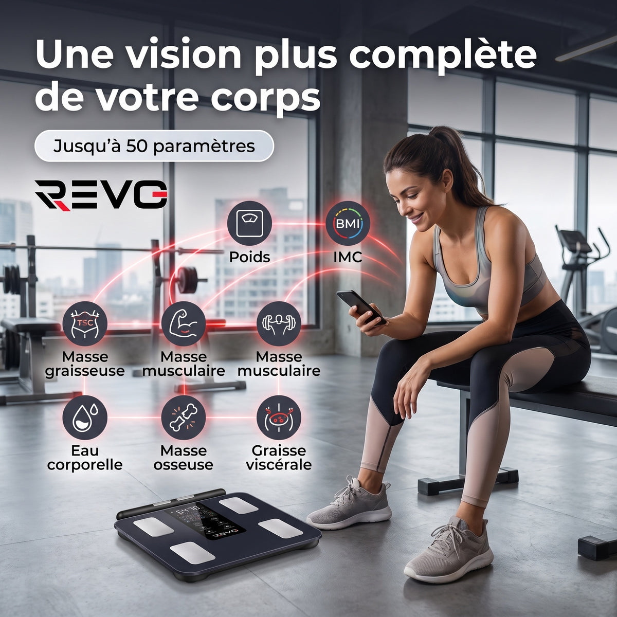 Balance Impédancemètre Connectée REVO Vitalis 50 – 8 Électrodes, 50 Mesures Corporelles & Capacité 180 kg