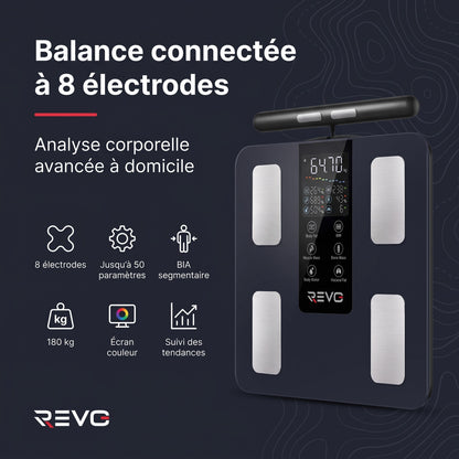 Balance Impédancemètre Connectée REVO Vitalis 50 – 8 Électrodes, 50 Mesures Corporelles & Capacité 180 kg