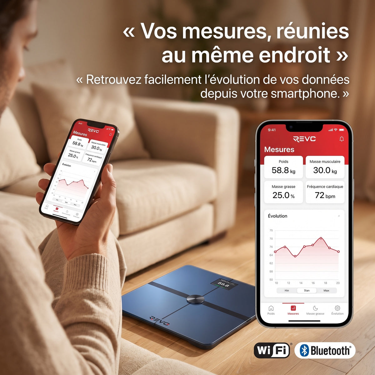 Balance Connectée REVO Bioméa 8 – Analyse de Composition Corporelle, Wi-Fi & Bluetooth, 8 Utilisateurs