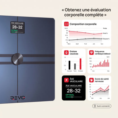 Balance Connectée REVO Quantia 200 kg avec Analyse Corporelle Avancée, Wi‑Fi, Bluetooth & Suivi Santé