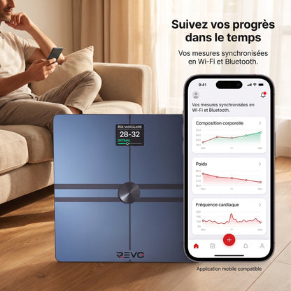 Balance Connectée REVO Quantia 200 kg avec Analyse Corporelle Avancée, Wi‑Fi, Bluetooth & Suivi Santé