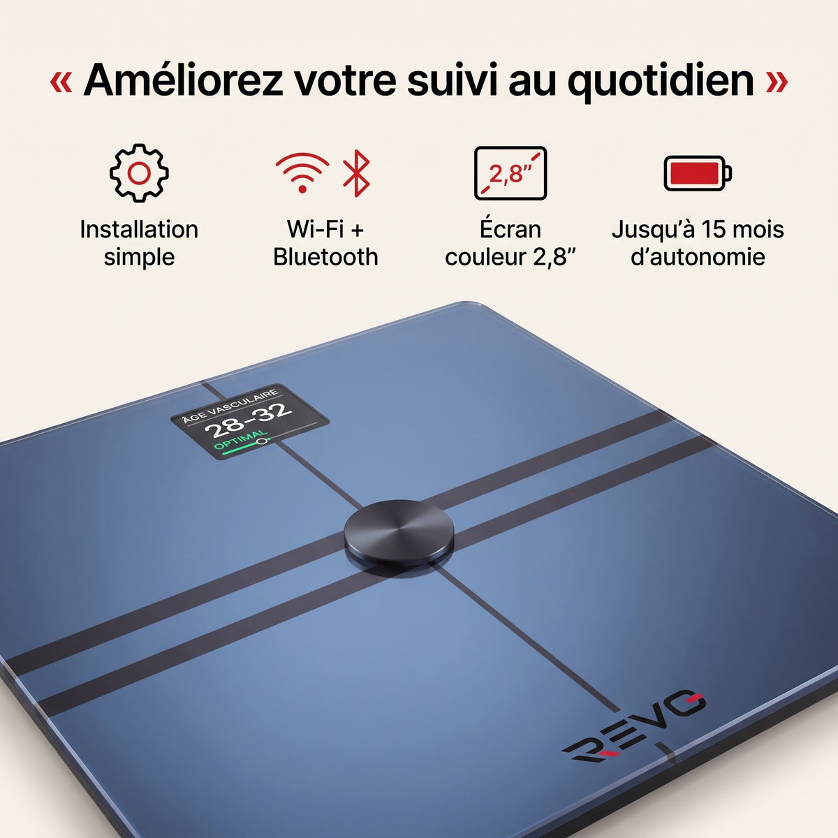 Balance Connectée REVO Quantia 200 kg avec Analyse Corporelle Avancée, Wi‑Fi, Bluetooth & Suivi Santé