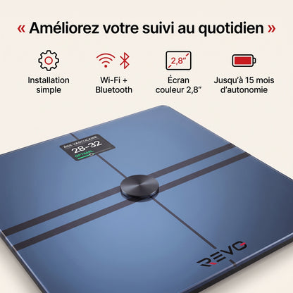 Balance Connectée REVO Quantia 200 kg avec Analyse Corporelle Avancée, Wi‑Fi, Bluetooth & Suivi Santé