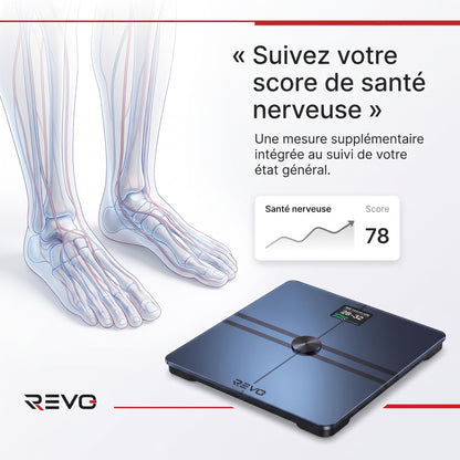 Balance Connectée REVO Quantia 200 kg avec Analyse Corporelle Avancée, Wi‑Fi, Bluetooth & Suivi Santé