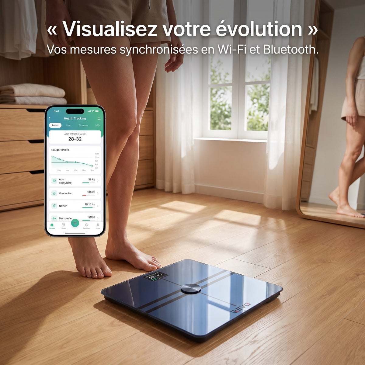 Balance Connectée REVO Quantia 200 kg avec Analyse Corporelle Avancée, Wi‑Fi, Bluetooth & Suivi Santé