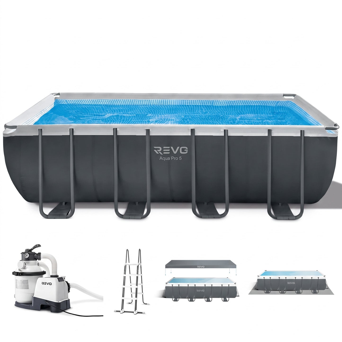 Piscine Hors-Sol Rectangulaire REVO Aqua Pro 5 – 549 × 274 × 132 cm – 17 203 L – Filtre à Sable – Échelle & Bâche Incluses