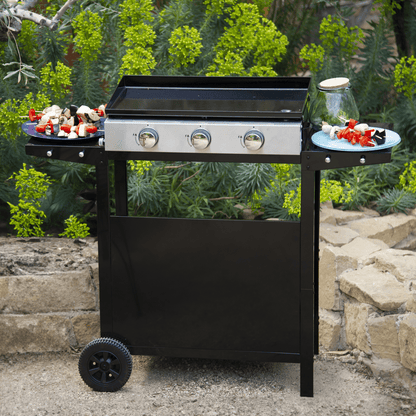 Plancha à gaz REVO Mérida – 3 brûleurs 6 kW avec chariot – Plaque en acier émaillé