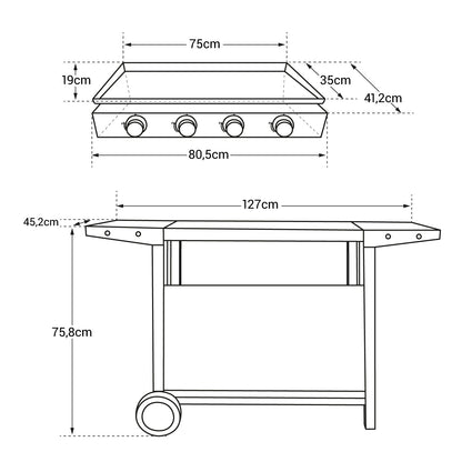 Plancha à gaz REVO Palma – 4 brûleurs 8 kW avec chariot à roulettes – Plaque en acier émaillé